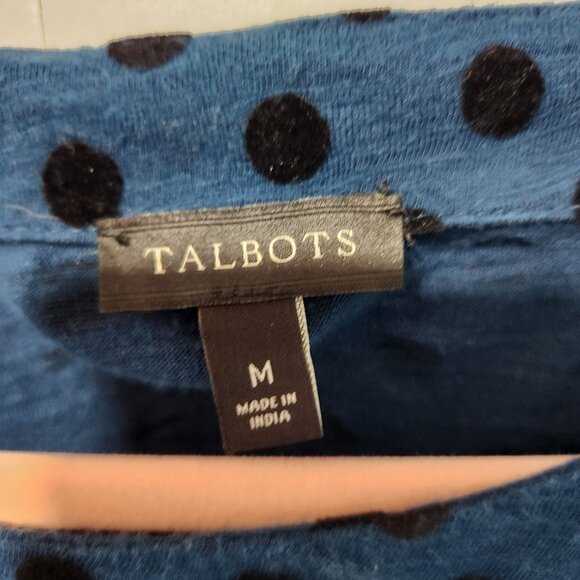 Talbots Women's Blue Top with Black Velvet Polka Dots Long Sleeve Shirt  Medium - Picture 2 of 3